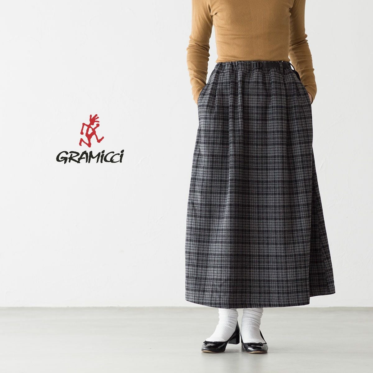 GRAMICCI (グラミチ)ネイビー チェック柄 ロングスカート グラミチ ウールブレンド ロング フレア スカート Gramicci ロング