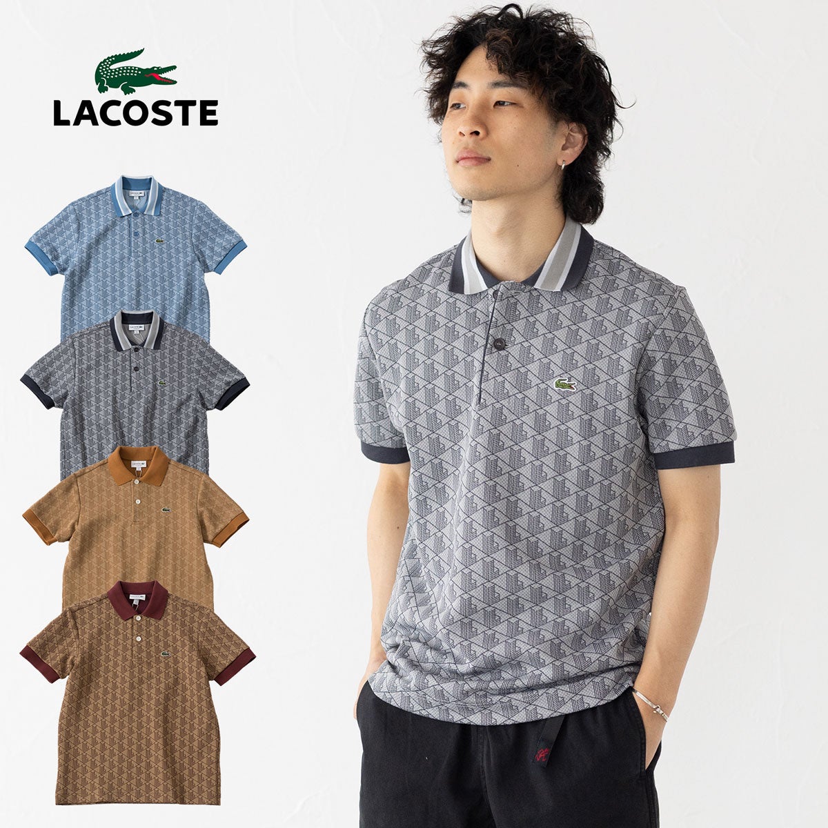 ラコステ ジャガード モノグラム 半袖ポロシャツ ブラック M LACOSTE（ラコステ） ポロシャツ モノグラムジャカード半袖ポロシャツ