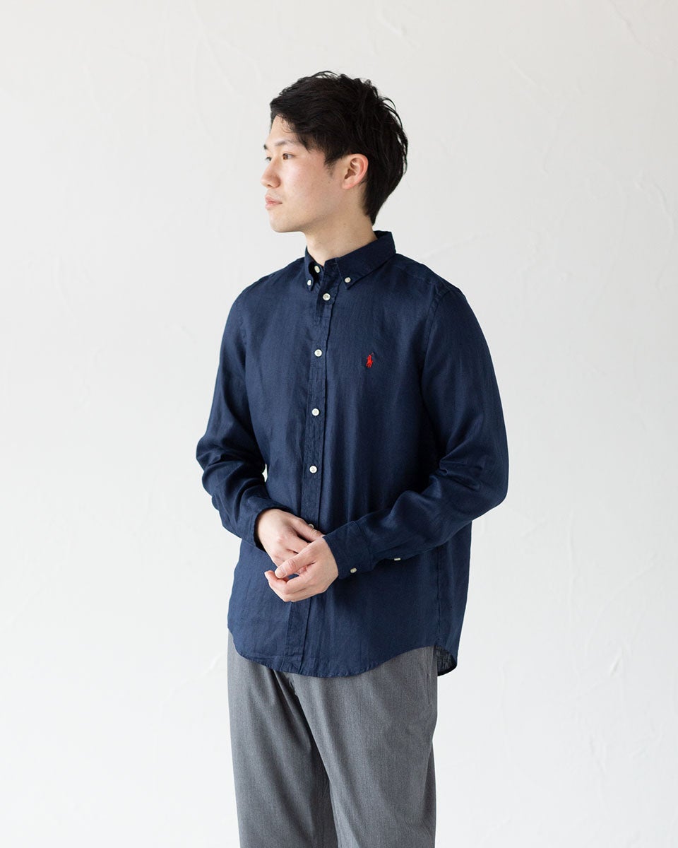 リネン100%✨ポロラルフローレン リネンシャツ ボタンダウン 現行 ブルー L ポロ ラルフローレン リネン ボタンダウン BDシャツ POLO RALPH LAUREN
