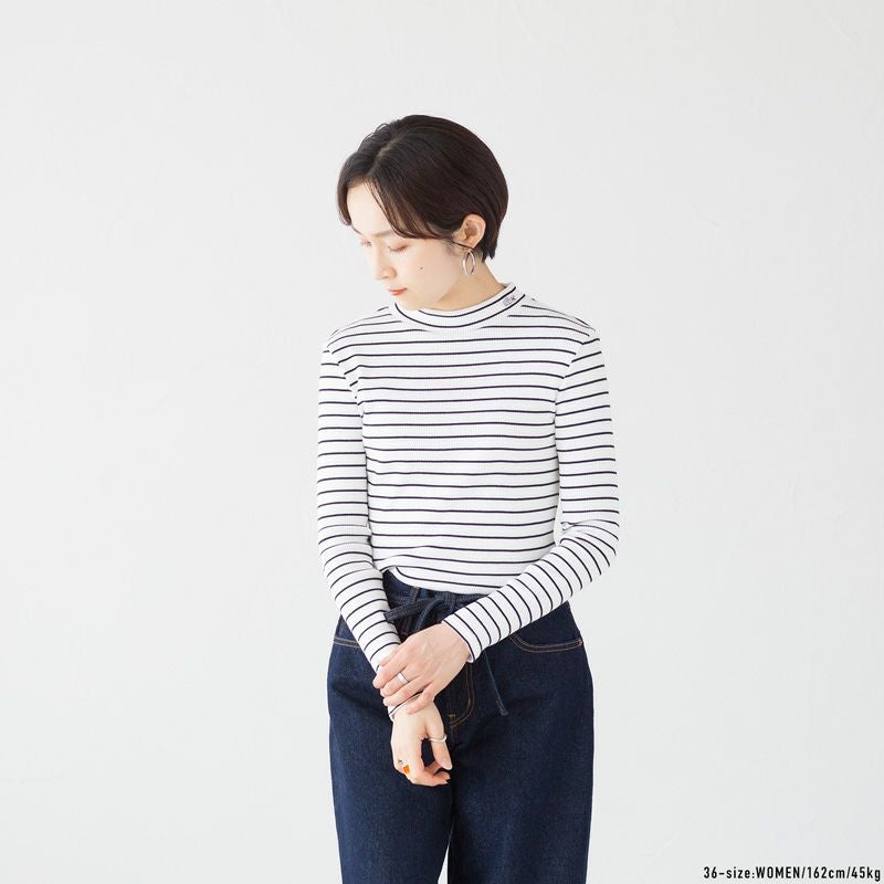 ラコステ モックネック ロングスリーブ リブ ニット ボーダー Tシャツ