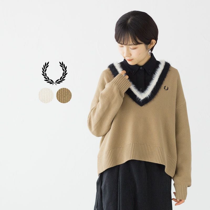 【美品】2024AW フレッドペリー ワイドVネックカーディガン ベージュ FRED PERRY（フレッドペリー） カーディガン V-Neck Cardigan／Vネック