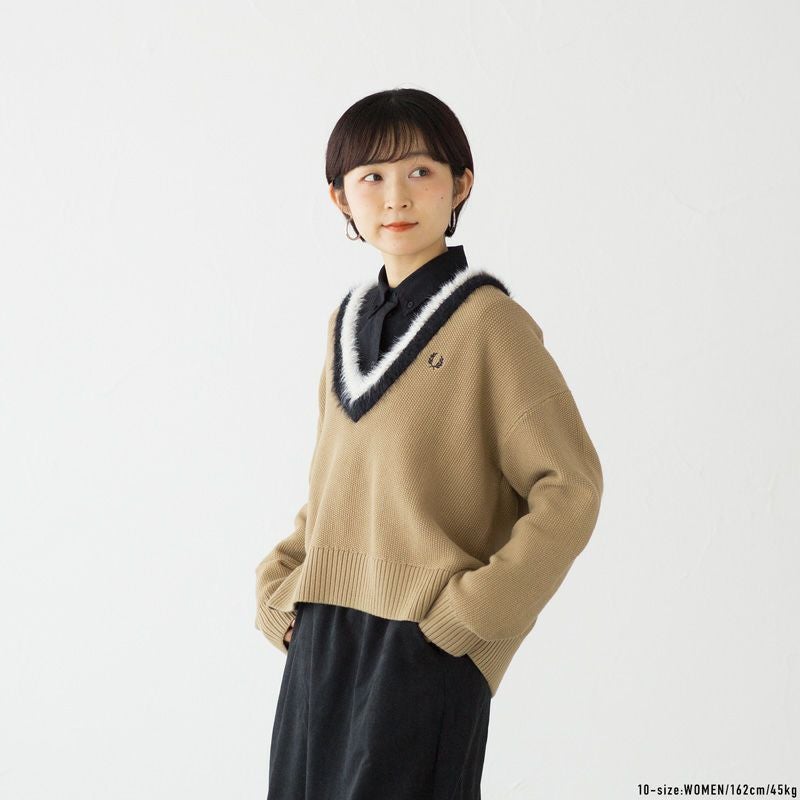 【美品】2024AW フレッドペリー ワイドVネックカーディガン ベージュ V-Neck Cardigan／Vネックカーディガン（カーディガン/ボレロ）｜FRED