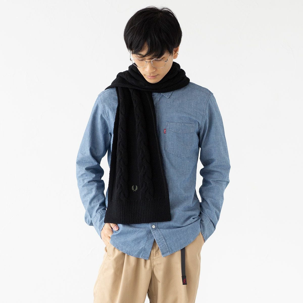 フレッドペリー マフラー FRED PERRY ラムウール ケーブル 編み ニット