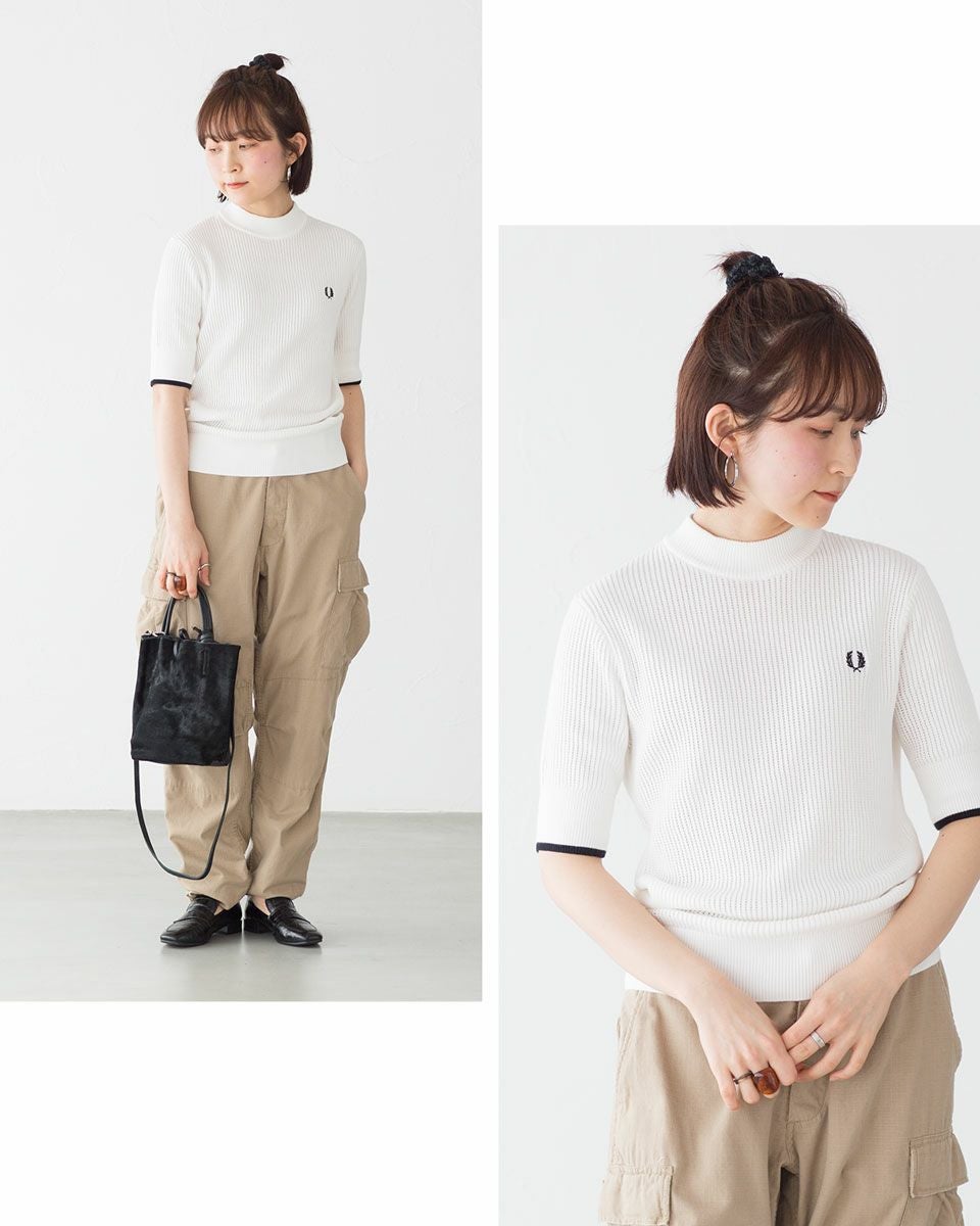 美品 フレッドペリー ポロニット サマーニット メッシュ 月桂樹 ロゴ 白 フレッドペリー メッシュ ニット Tシャツ FRED PERRY K9115 レディース