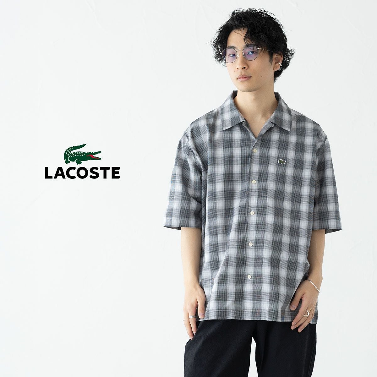 ラコステ リネンブレンド オープンカラー オンブレチェックシャツ