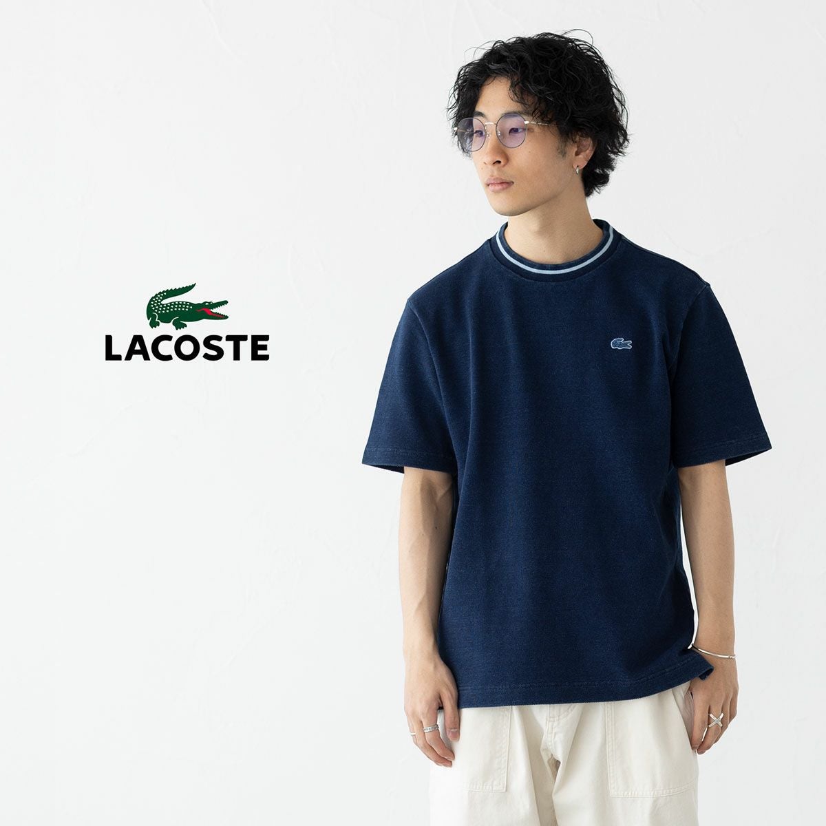 ラコステ 配色 リブニット インディゴ Tシャツ LACOSTE TH019J-99 藍染