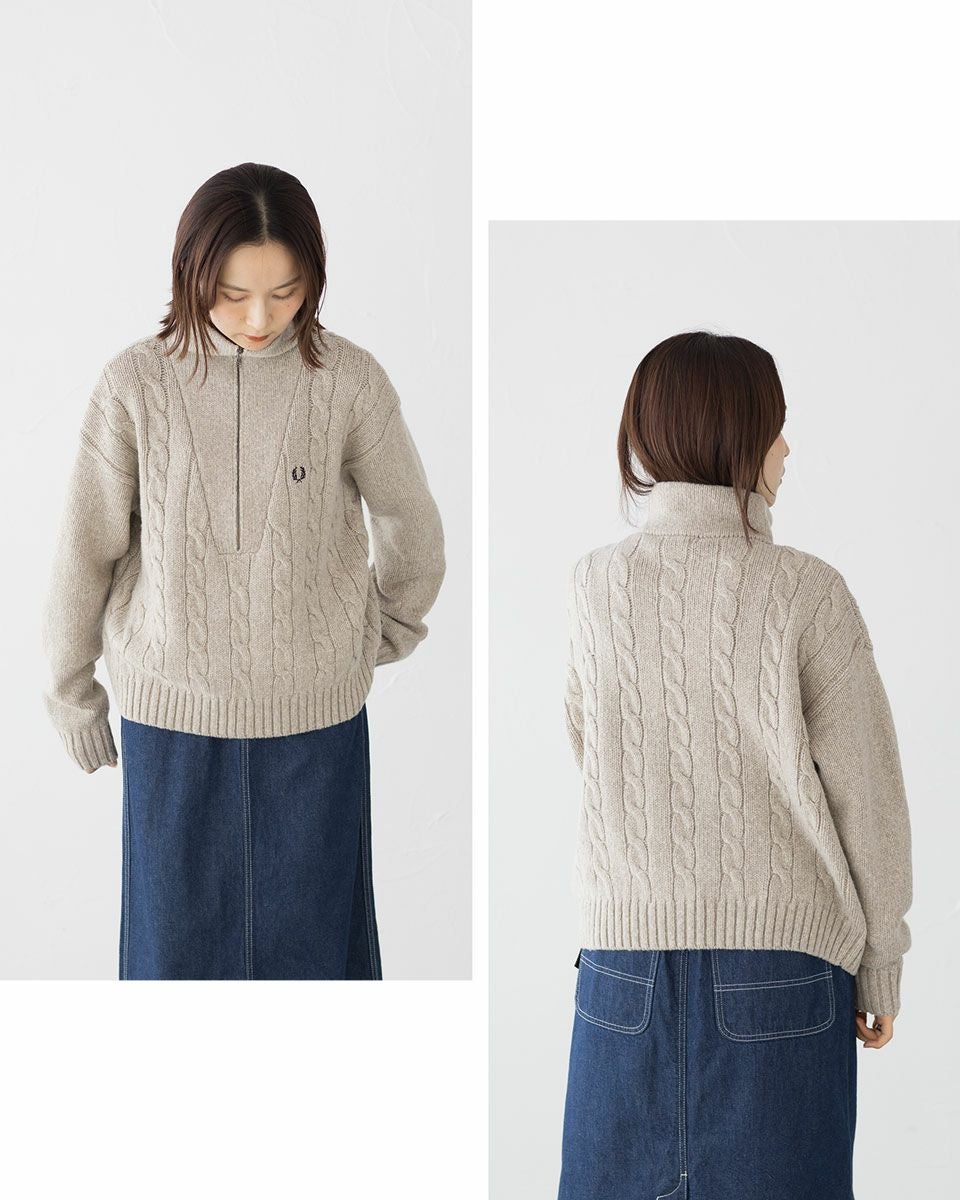 フレッドペリー 別注 ケーブルニット カーディガン ベージュ　短丈 FRED PERRY（フレッドペリー） カーディガン 別注 ケーブルニット
